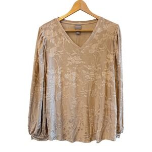 Chico's NWT Gold/Camel Floral V-Neck Puffed Bishop Sleeves Size 2 (12/L) Blouse